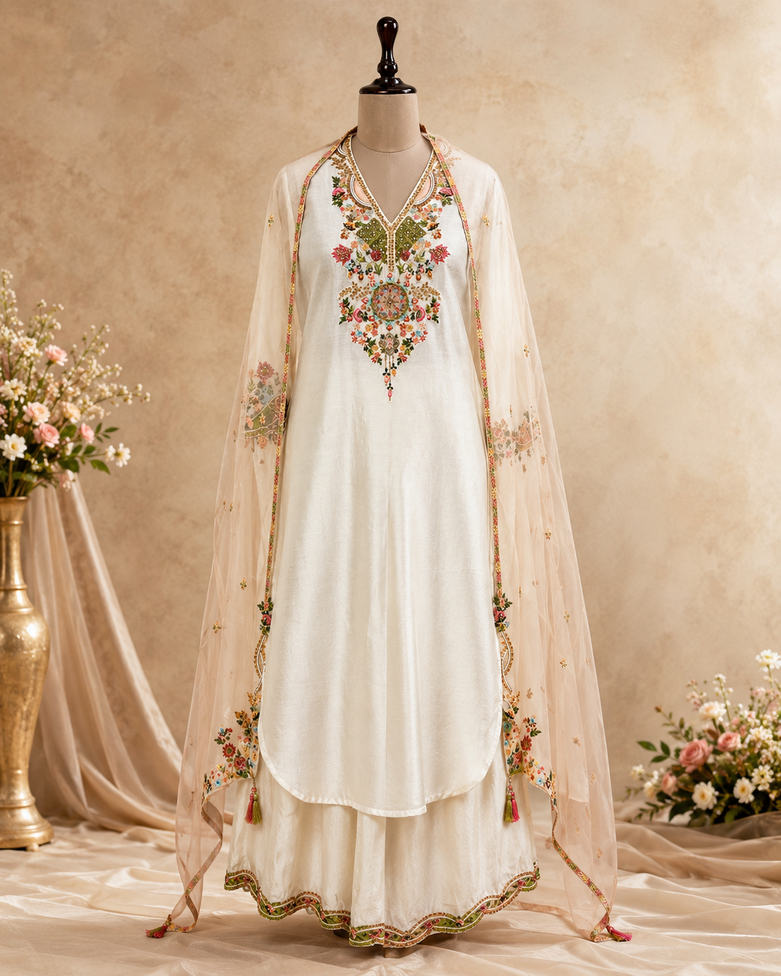 A traditional white salwar kameez suit displayed on a mannequin, featuring intricate multicolor floral embroidery on the chest and dupatta, set against a warm beige textured backdrop with decorative floral arrangements.