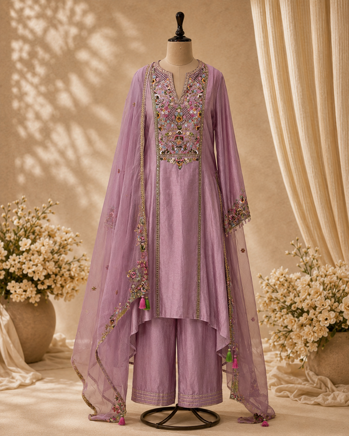 A lavender purple ethnic suit set displayed on a mannequin, featuring a kurta with colorful floral embroidery, matching trousers, and a sheer dupatta draped over a decorative stand in a warm, styled studio setting.