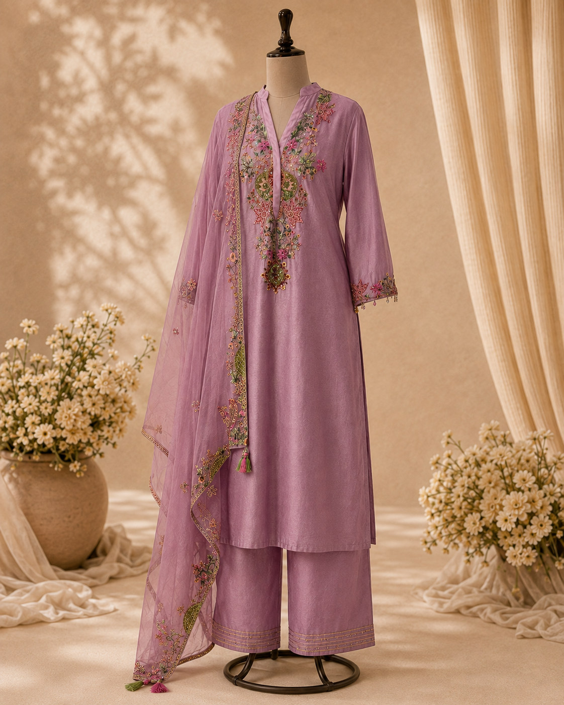 A lavender purple three-piece salwar kameez suit set with floral embroidery, displayed on a black mannequin. The set includes a long-sleeve kurta, matching trousers, and a sheer dupatta draped over the shoulder.