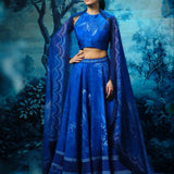 Indigo Lehenga with Printed Halter Neck Blouse and Dupatta