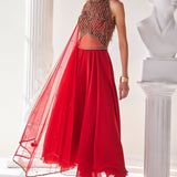 Red Georgette High Low Anarkali Set