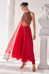 Red Georgette High Low Anarkali Set