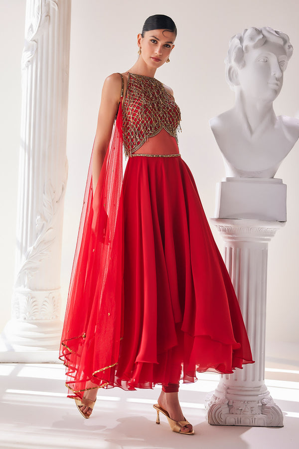 Red Georgette High Low Anarkali Set