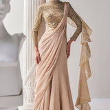 Golden Shimmer Cream Draped Saree Set
