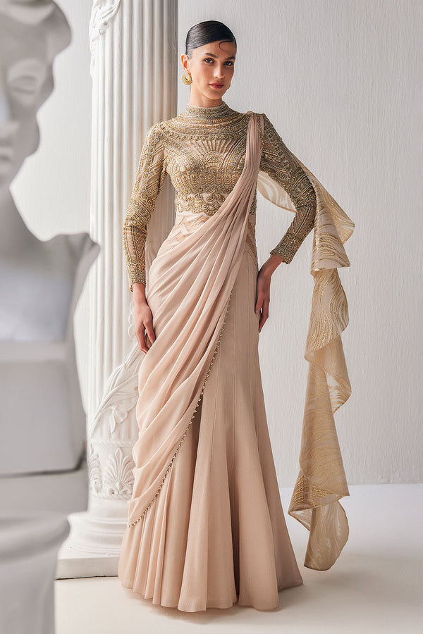 Golden Shimmer Cream Draped Saree Set