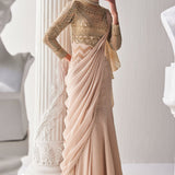 Golden Shimmer Cream Draped Saree Set