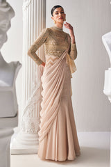 Golden Shimmer Cream Draped Saree Set