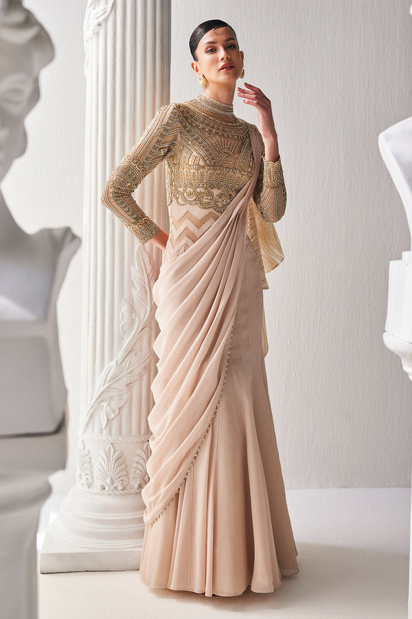 Golden Shimmer Cream Draped Saree Set