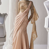 Golden Shimmer Cream Draped Saree Set