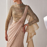 Golden Shimmer Cream Draped Saree Set