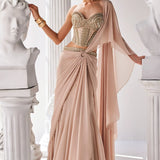 Golden Cream Draped Saree with Corset | Mandira Wirk