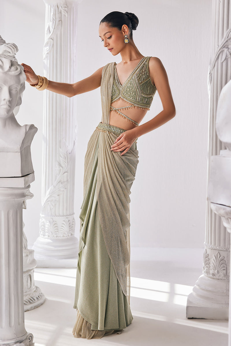 Jade Green Coloured Draped Saree