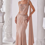 Peach Shimmer Draped Saree Set