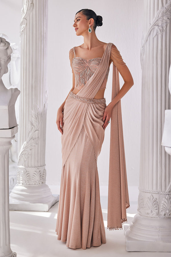 Peach Shimmer Draped Saree Set