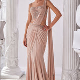 Peach Shimmer Draped Saree Set
