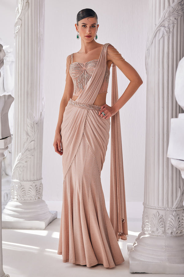 Peach Shimmer Draped Saree Set