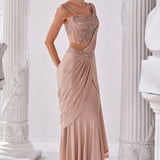 Peach Shimmer Draped Saree Set
