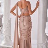 Peach Shimmer Draped Saree Set