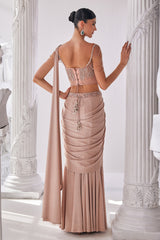 Peach Shimmer Draped Saree Set