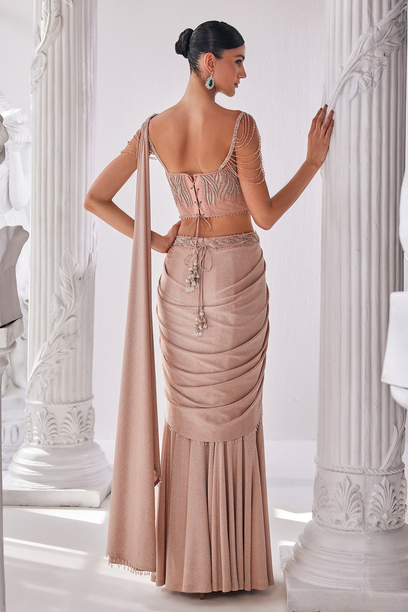 Peach Shimmer Draped Saree Set