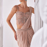 Peach Shimmer Draped Saree Set