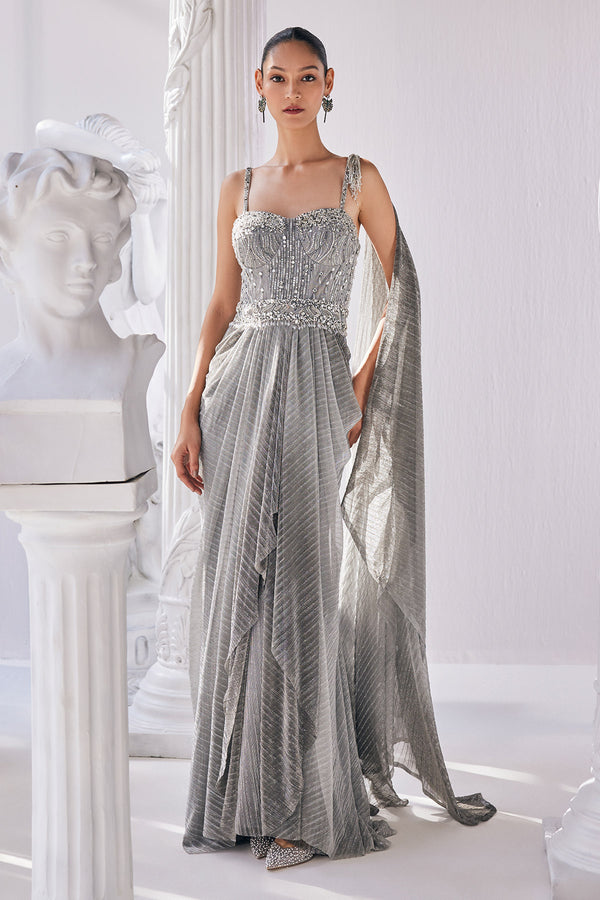 Metallic Ombre Draped Saree Gown