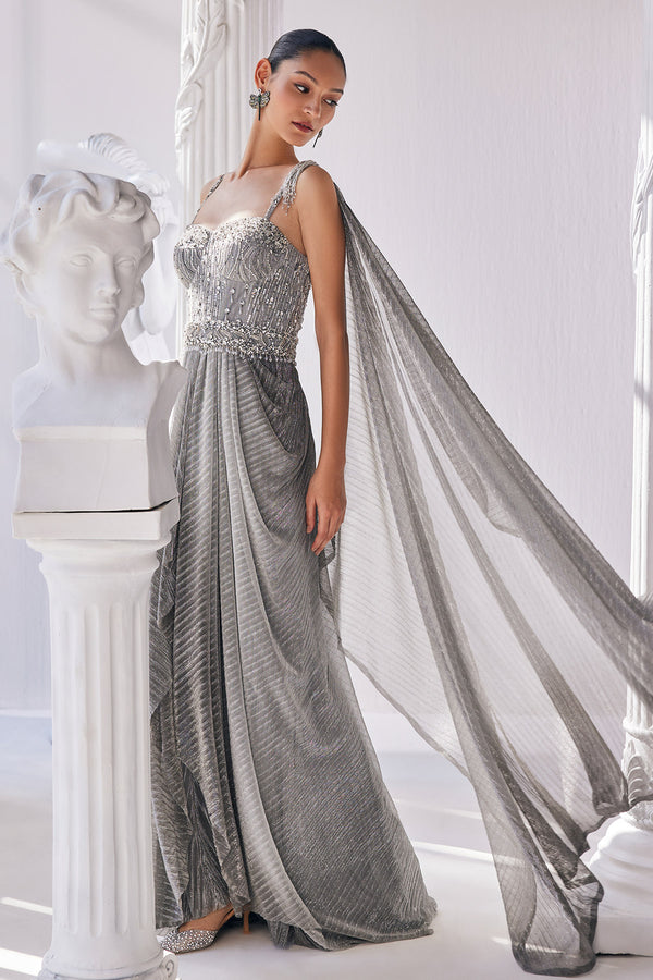 Metallic Ombre Draped Saree Gown