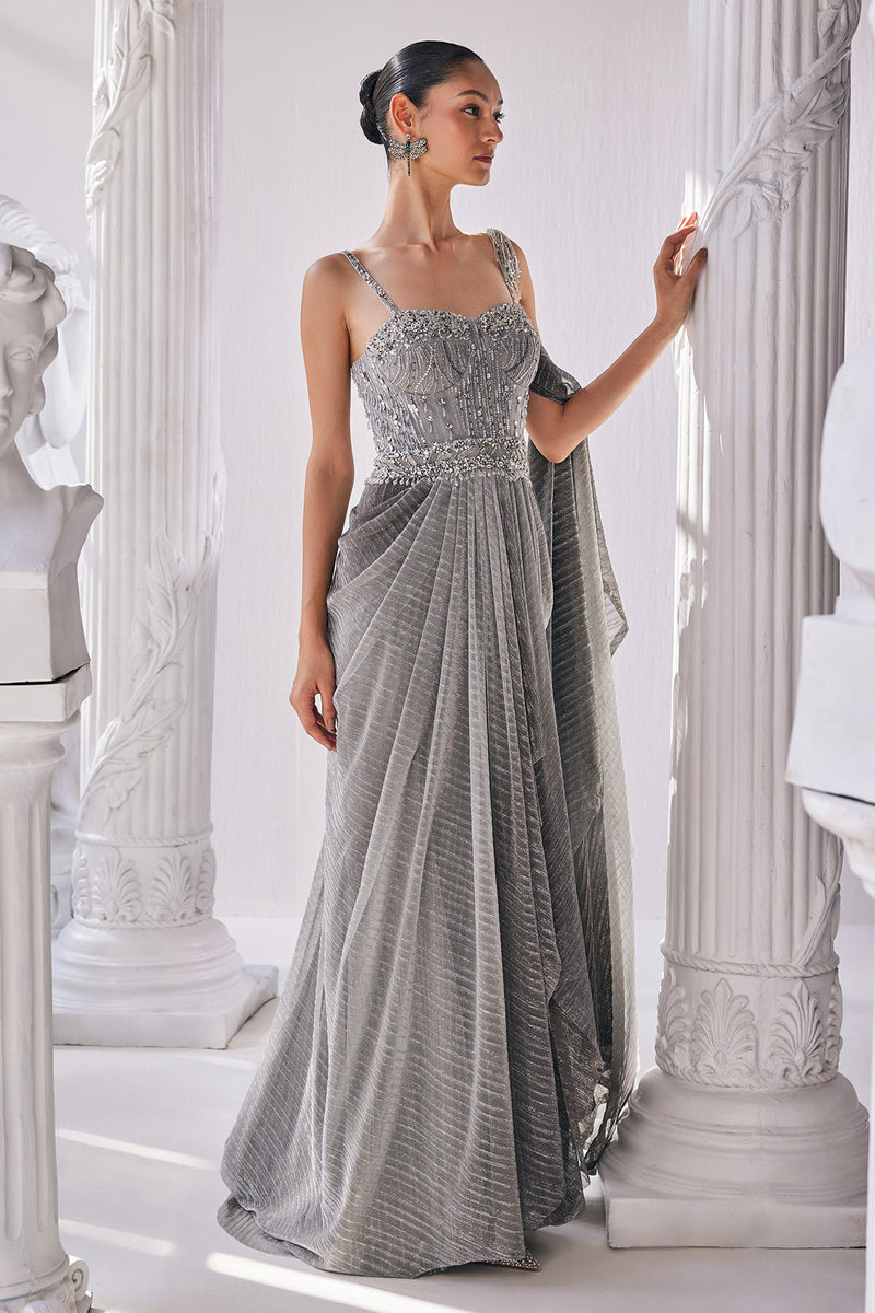 Metallic Ombre Draped Saree Gown