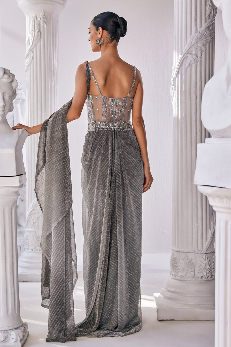 Metallic Ombre Draped Saree Gown