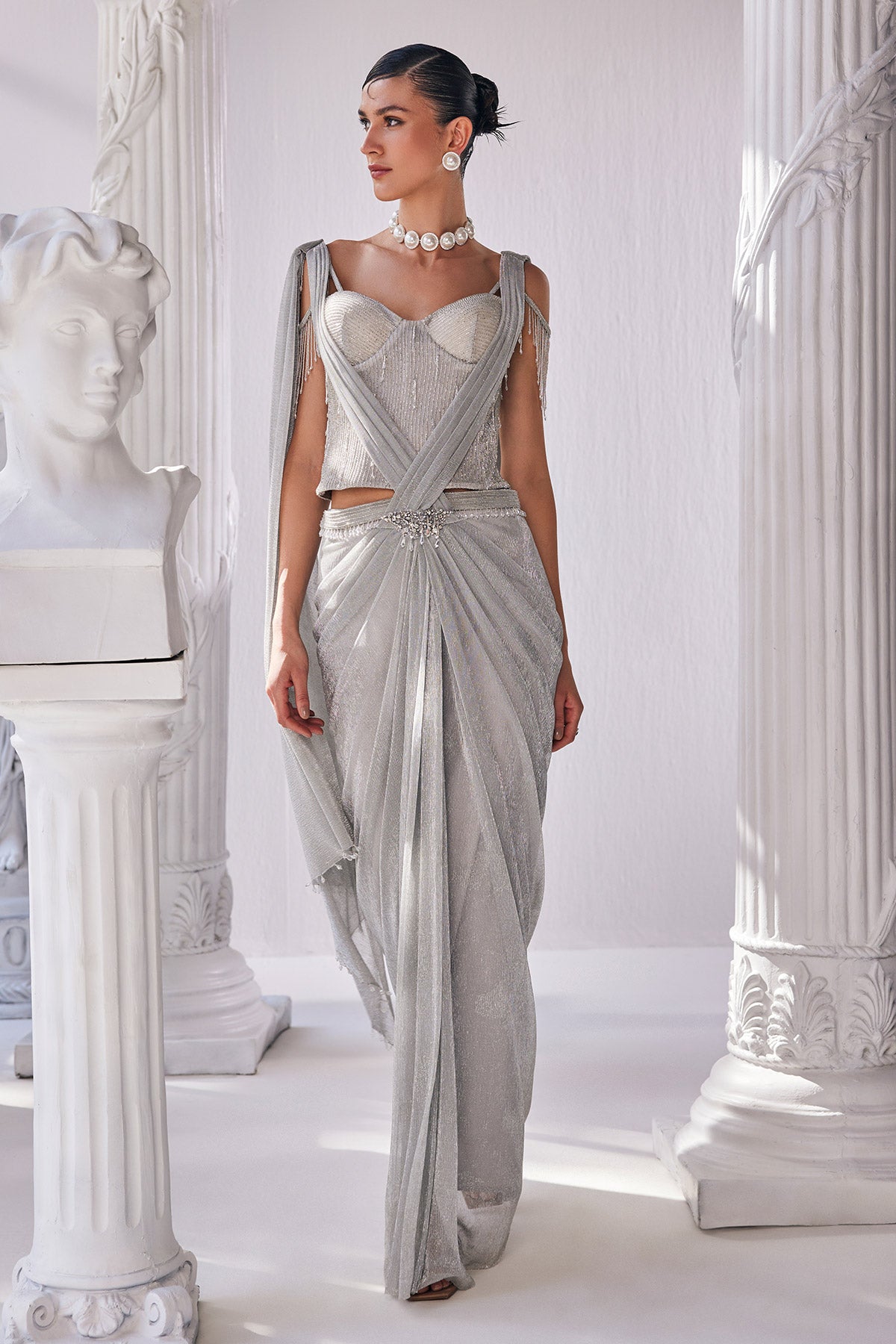 Silver Draped Saree Made With Crinkle Fabric Featuring A Corset Along With A Detailed Belt.