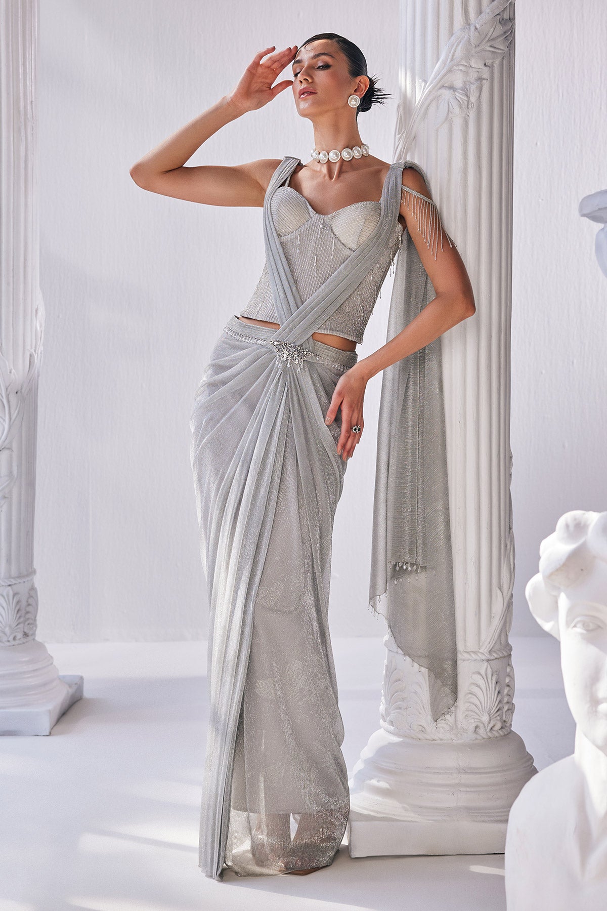 Silver Draped Saree Made With Crinkle Fabric Featuring A Corset Along With A Detailed Belt.