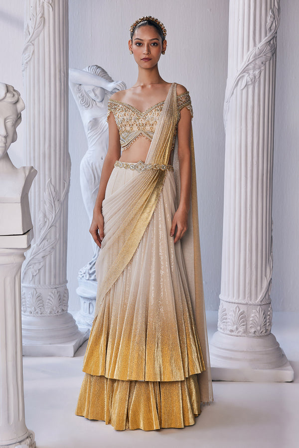 Gold Foil Draped Double Layer Lehenga