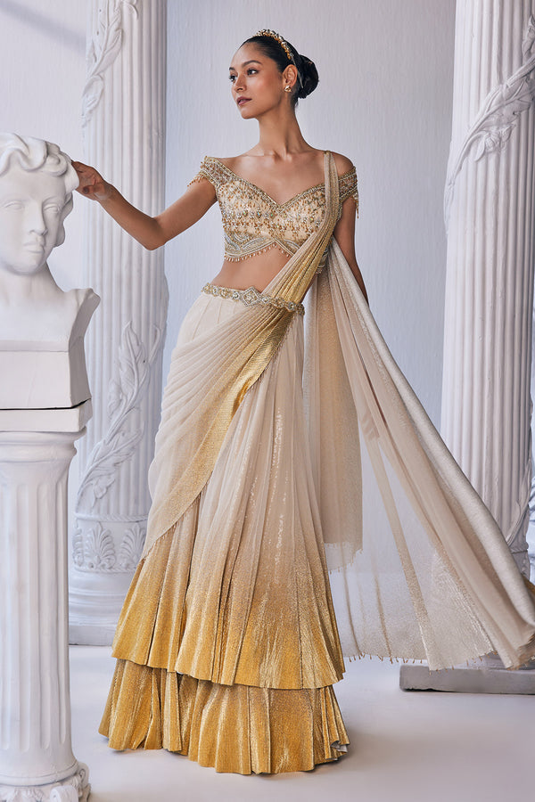 Gold Foil Draped Double Layer Lehenga