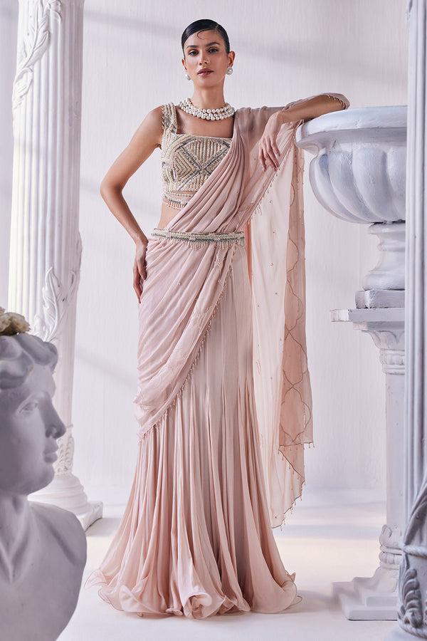 Peach Chiffon Drape Saree Set