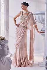 Peach Chiffon Drape Saree Set
