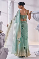 Pista & Gold Draped Layer Lehenga Set