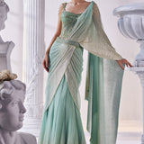 Pista & Gold Draped Layer Lehenga Set