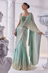 Pista & Gold Draped Layer Lehenga Set