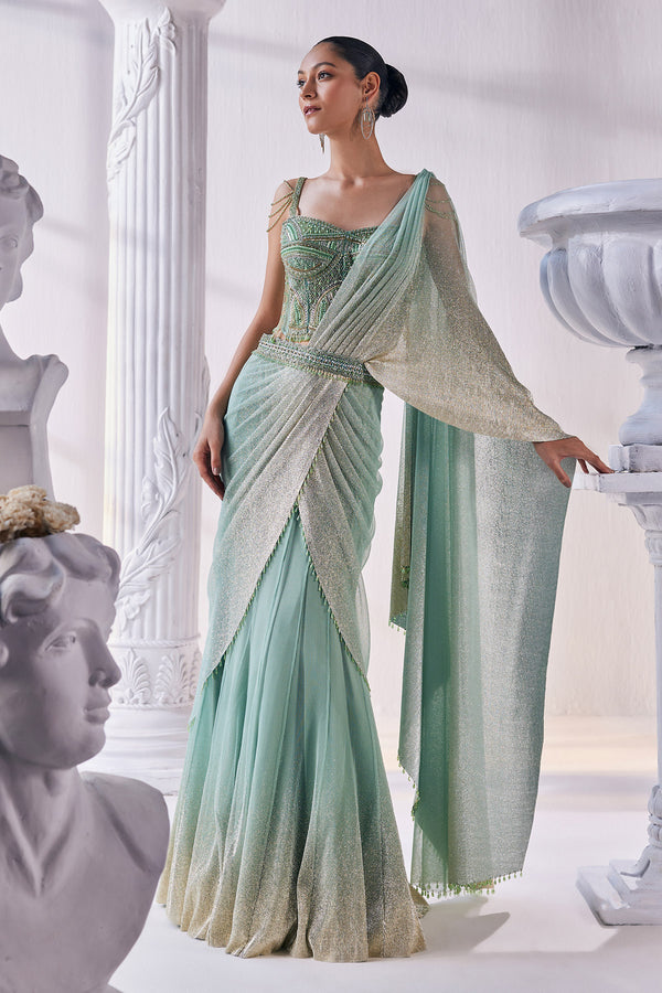 Pista & Gold Draped Layer Lehenga Set