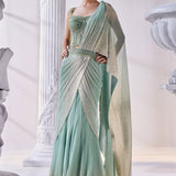 Pista & Gold Draped Layer Lehenga Set