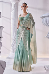 Pista & Gold Draped Layer Lehenga Set