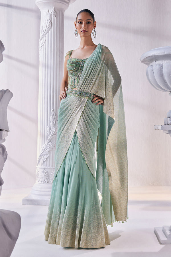 Pista & Gold Draped Layer Lehenga Set