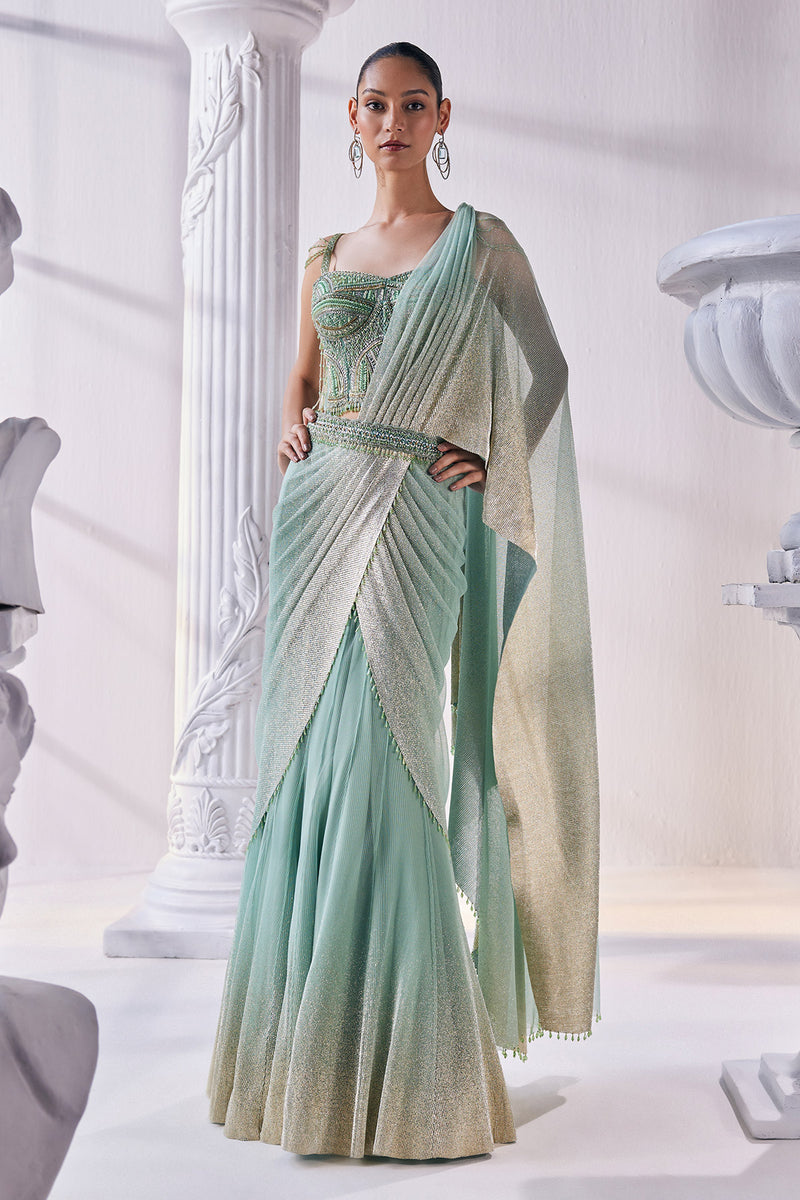 Pista & Gold Draped Layer Lehenga Set