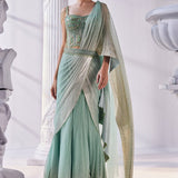 Pista & Gold Draped Layer Lehenga Set