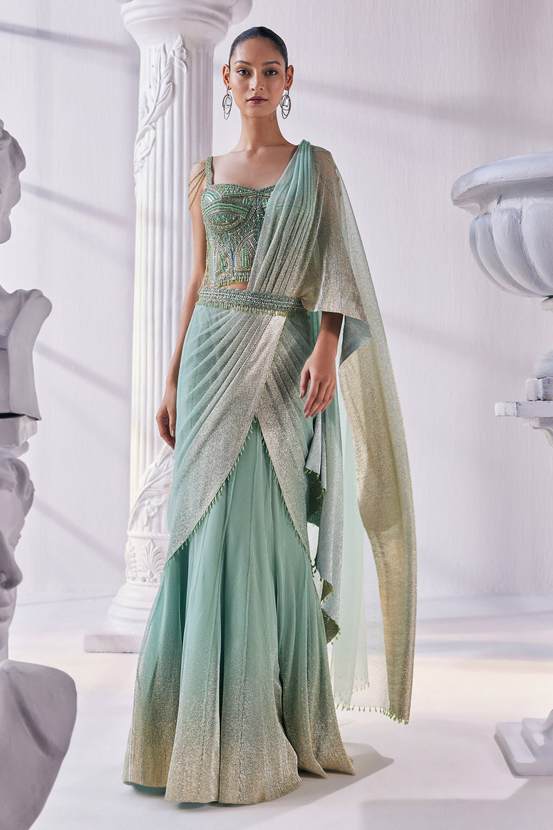 Pista & Gold Draped Layer Lehenga Set