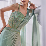 Pista & Gold Draped Layer Lehenga Set