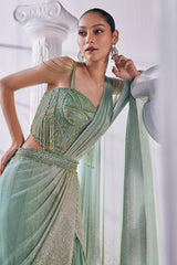 Pista & Gold Draped Layer Lehenga Set