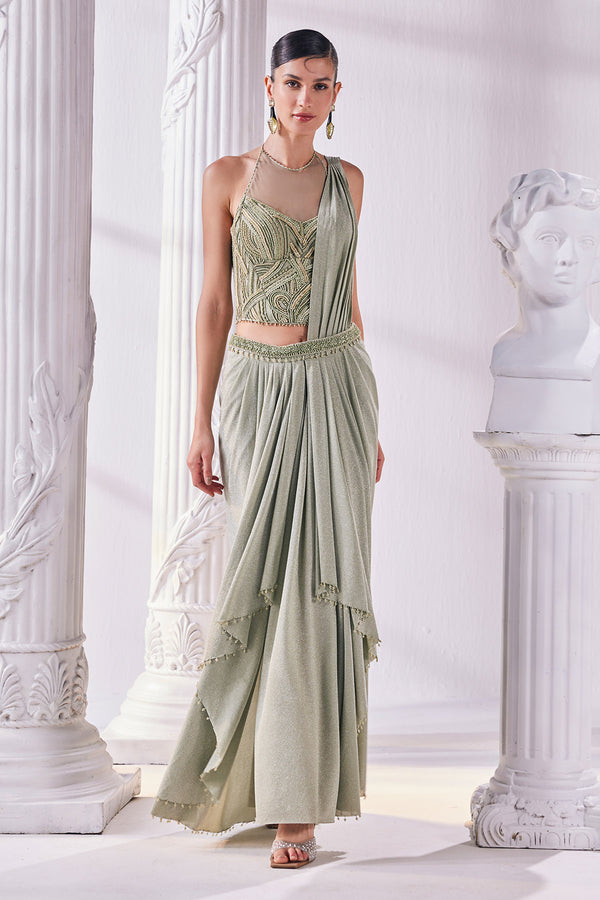 Jade Green Draped Saree Set