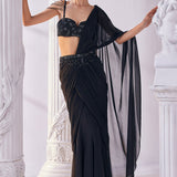 Royal Black Draped Saree Set