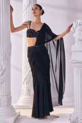 Royal Black Draped Saree Set
